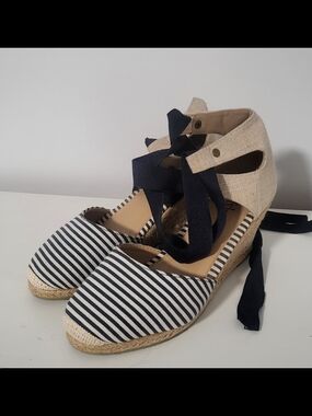 Navy Stripe Espadrille Wedge Sandals with Ankle Tie